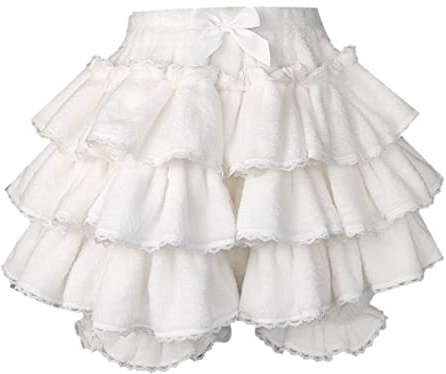 Cuteighteen Shorts Lolita pour Femmes Bloomers pour Adolescentes Mignonne Robe de Bonne à Tout Faire à Volants Étagés Shorts Kawaii en Feutre Moelleux Pantalon en Citrouille Jupe Courte, blanc, Taille