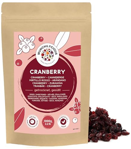 Munchilycious Arándanos Rojos Secos 1kg, Arándanos Deshidratados, Endulzados con Jugo de Fruta