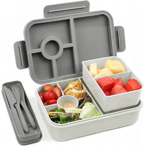 Bugucat Brotdose Kinder mit Fächern 1300ML,Lunchbox Kinder Auslaufsicher mit 5 Fächern,Bento Box Lunchbox mit Fächern für Erwachsene,Vesperdose Frühstücksbox für Mädchen & Jungen BPA-Frei Grau