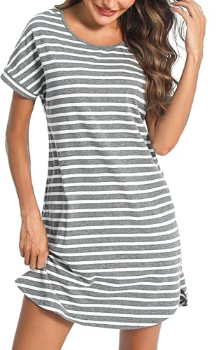 Litherday Chemise de Nuit Femme Rayé Manche Dolman Coton Robe de Nuit Col Rond Nuisette avec Poches Vêtement de Nuit Grande Taille Casual