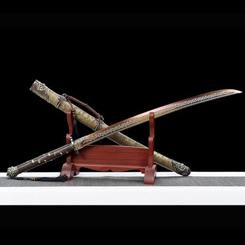(107 cm) Bokken Echtes Katana,Klinge Manganstahl + Handschutz aus Kupfer,Scheide massivem Holz mit Lederummantelung,handgefertigtes Samurai-Schwert Kendo Iaido,Geschenk zum Sammeln,Cosplay-Dekoration