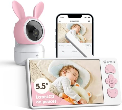 ANNKE Babymonitor kamera, videomonitor för baby med 5,5 IPS LCD-skärm, PT 3MP kamera, APP-kontroll för iOS och Android, 4X zoom, rörelse- och ljuddetektering, ströminnelser, ljud