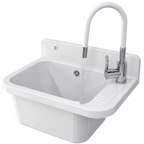Granitan Ausgussbecken für Garage Keller Werkstatt und Waschküche - Universal Waschtrog mit Siphon - Waschbecken Wandmontage - 50x34x31 cm (Weiß + Waschtischarmatur FLEX)
