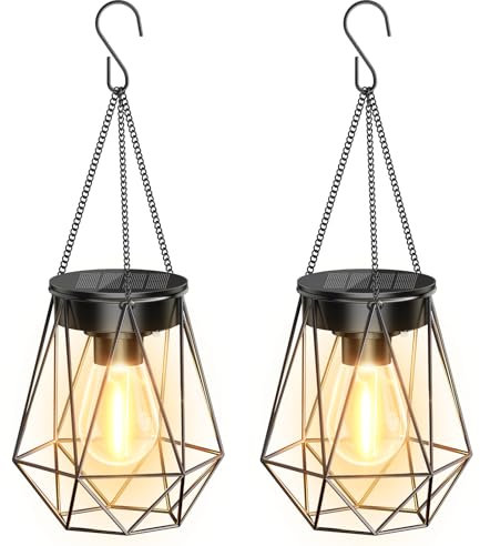RECHOO Solar Lights - 2 Pack Hanging Garden Lanterns, Metal Warm White Waterproof Outdoor Lanterns for Decoration, Pathway, Patio