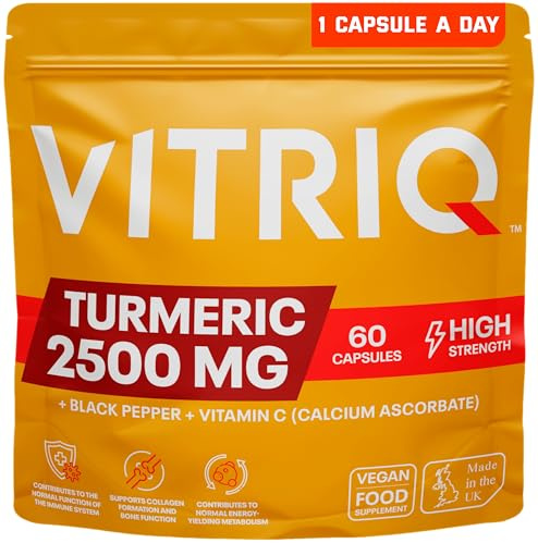 Organic Turmeric and Black Pepper Capsules 2500mg – 1-a-Day with Black Pepper & Vitamin C – High Strength Premium Joint Health, Anti-Inflammatory & Immune Support – 60 Capsules