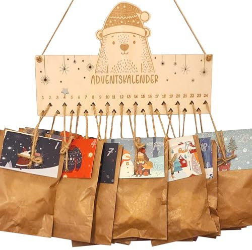 Adventskalender zum Befüllen - Holzschild mit 24 Kraftpapiertüten und Schnur zum Aufhängen