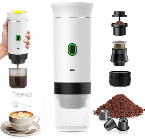 VHV Macchina Caffe Portatile 3 In 1 Macchina Caffe, 3 Minuti Di Auto-Riscaldamento, Caffettiera Elettrica Compatibile con Piccole Capsule, Grandi Capsule, Caffe Macinato, Per Ufficio, Auto (Bianco)
