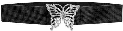 VOANZO Wide Belt Women's Elastic Waist Belt Stretch Belt Vintage Tie Belt Waist Dress Belt Black Belt for Dress Jumpsuit Evening Dress Silver Butterfly Hollow Buckle