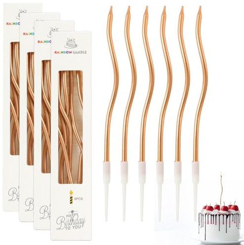 24 unidades de velas de pastel en espiral de champán, velas de pastel delgadas de 16 cm de largo, velas de cumpleaños metálicas con soportes, vela de cumpleaños curva en espiral boutique para