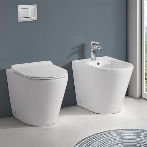 Coppia Sanitari Filomuro Serie Ukra WC E Bidet In Ceramica Bianco Tecnologia Rimless Per Igiene Totale Completi Di Copriwc Soft-Close