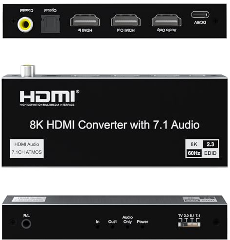 Rensaday Extracteur audio HDMI 8K 8K 8K 60Hz 40Gbps HDR10 VRR avec sortie audio optique et coaxiale, prise casque, pour home cinéma, console de jeu, TV Box