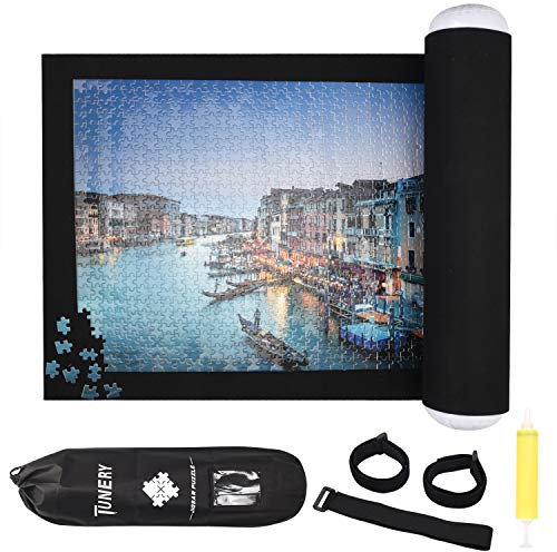 Puzzle Roll Up Mat, Tunery puzzle storage, Jigsaw Puzzle Mat Roll Up to 1500 Pieces Inflatable Tube, and 3 Elastic Fasteners, Mini Pump, 46 x 24 Felt Mat, with Drawstring Storage Bag