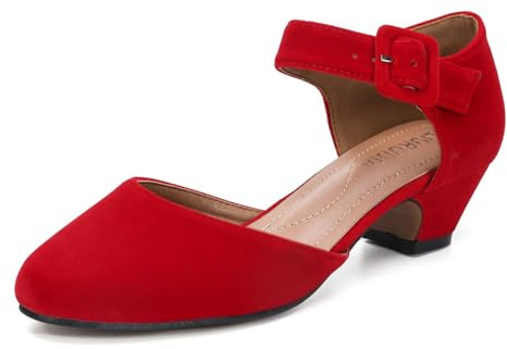 LIURUIJIA Women's Closed Toe Low Chunky Heel Pumps Ankle Strap Dress Shoes for Work Wedding Party Velvet Red 40 US 8