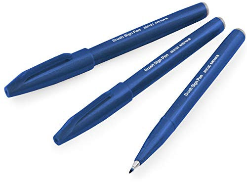 Pentel Brush Sign Pen SES15C - Brush Nib - Fibre Tip - Blue Black - Pack of 3