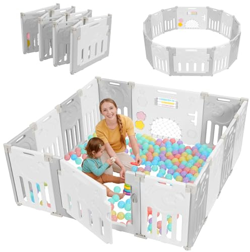 Baby Playpen, Dripex Baby Playard for Babies and Toddlers, 14-Panel Foldable Playpen Adjustable Portable Play Area, Indoor/Outdoor Kids Active Center with Game Panel & Safety Gate, Grey White