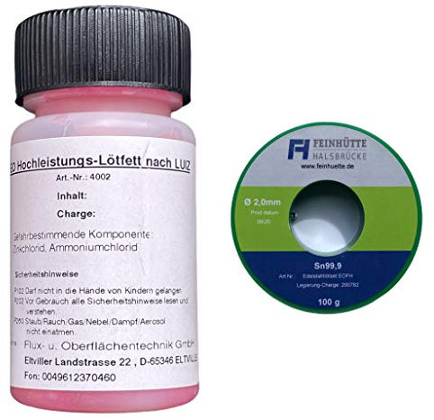 EO-FH Profi-Edelstahl Lötset Nr. 7 -EO Hochleistungs-Lötfett nach LUIZ, 50 g in Pinselflasche mit Kindersicherung, für alle gängigen Metalloberflächen incl. Edelstahl + 100 g Lötzinn Legierung Sn99,9