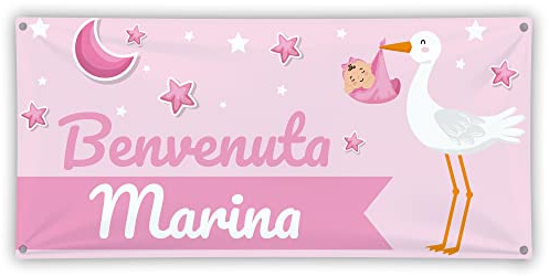 Babloo Banner in Poliestere Striscione Nascita Bimba Benvenuta Personalizzato con Nome Bambina Baby Shower (80X140cm)