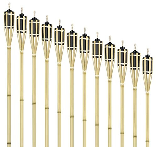 Aufun Lot de 36 Torche de Jardin en Bambou, Bamboo Garden Tiki Torch Set, Torches à Huile pour l'Extérieur avec Mèche de Rechange, Lampe à Huile Cheminée, Hauteur : 90 cm (Typ A)