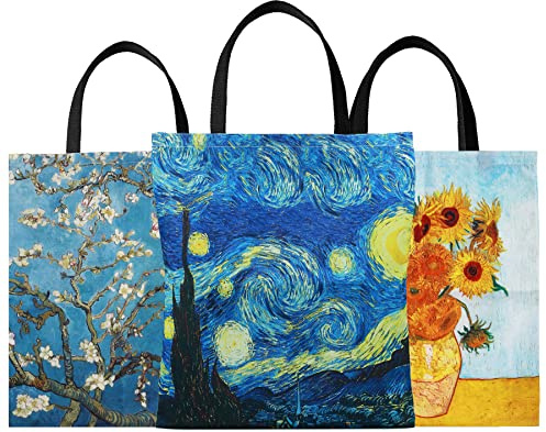 SuyuanArt Paquete de 3 bolsas de lona Van Gogh, estéticas, reutilizables, para niñas y mujeres, noche estrellada, girasol, flor de almendro