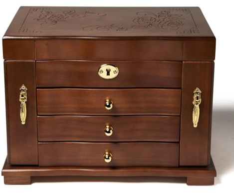 FEECOZ Wooden Jewelry Box for Women, Solid Wood Jewelry Organizer with Mirror and 3-Drawer, Ring,Necklacel,Vintage Style Storage Box with Lock (Dark Brown（Rose Pattern)
