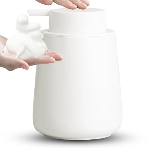 AZMOYAC Ceramic Foaming Soap Dispenser, 12 Oz Foam Hand Soap Dispenser for Bathroom, Face Wash Dispenser Bottle with Foaming Pump, Refillable Lotion Dish Soap Foam Dispenser for Kitchen, Matte White