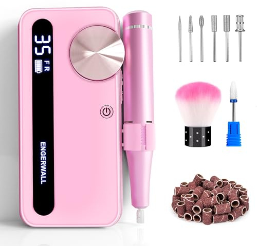 ENGERWALL Ponceuse pour Ongles Professionnelle 35000 tr/min, Lime à Ongles Électrique Rechargeable pour Gel Acrylique & Polygel, Kit Manucure Sans Fil avec 7 Embouts & 56 Bandes Abrasives, Rose