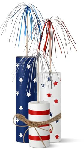Hollowfly 3 Pcs 4th of July Table Decorations Wooden Patriotic Tiered Tray Decor Fireworks Memorial Day Red White Blue 250th Anniversary Table Decor for Independence Day Home Party(Stripe and Star)