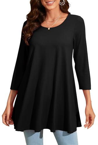 Enmain Tunika Damen Schwarz Langarm Große Größen Lange Oberteile für Frauen Elegant 3/4 Ärmel Longshirt Gemustertes Tuniken Rundhals Tops Bunt T Shirt 4XL