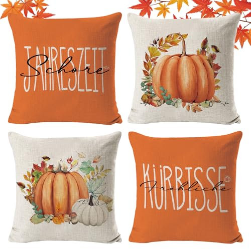 HIQE-FL Herbst Kissenbezug,4 Stuc Kissenhülle Herbst Kürbis 45 X 45 cm,Kissenhülle Herbst,Kissenbezuge Herbst Outdoor fur Bauemhaus ThanksgivingHalloween Bettwasche Wohnzimmer Herbst Dekoration.