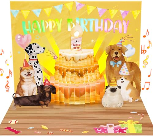 FITMITE Birthday Cards, Dog Funny Blowable Candle Pop up Greeting Card with Lights Music, Birthday Gifts for Women Men Dog Lover Mom or Dad