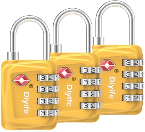 TSA Luggage Locks, [3 Packs] Diyife Updated 4-Digit Security Padlocks with Code, Resettable Zinc Alloy Combination Padlocks, Small Travel Locks Padlocks for Luggage Suitcases Bag Case (Yellow)