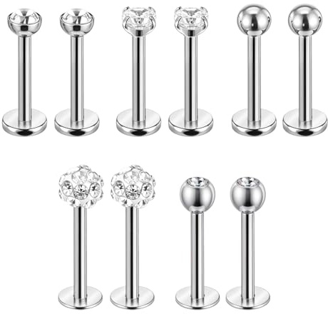 Telooco 5 Pairs Labret Piercing Jewellery 16G Stainless Steel Lip Bar Tragus Stud Cubic Zirconia Flat Back Earrings Internally Threaded Labret Studs Cartilage Earrings Helix Piercing Jewellery
