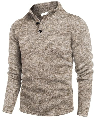 COOFANDY Jersey para hombre con cuello alto, jersey de punto con botón, medio cuello vuelto, manga larga, jersey cálido de invierno con bolsillo, Color caqui claro., M