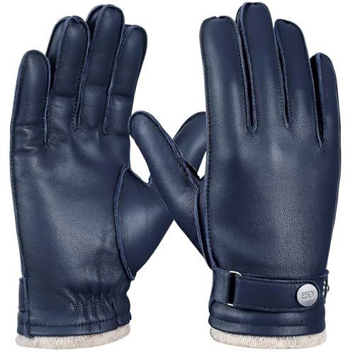 GSG SINCE 1998 Guanti Pelle Uomo – Guanti da Guida in Pelle Vera, Compatibili Touchscreen, Pelle di Pecora, Foderati in Lana, Caldi Invernali per Climi Freddi, Blu Navy XL
