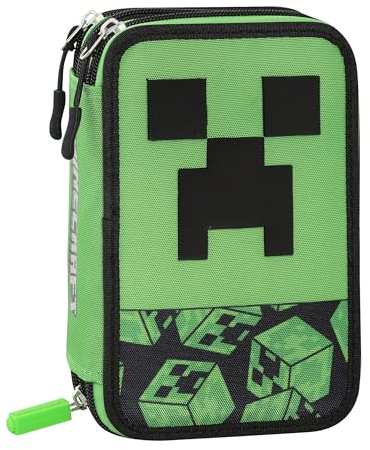 MINECRAFT - Astuccio Scuola Ufficiale Minecraft, Astuccio 3 Scomparti Bambini e Ragazzi con Set Cancelleria Incluso, 5 Etichette Adesive Portanome e Pratica Chiusura a Zip, 13x20Hx7 cm