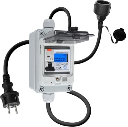 Mobiler Digitaler Stromzähler 230V 60A, Stromzähler für Steckdose mit Typ A fi ls Schutzschalter 16A und Schuko Stecker Ip65, Mobile Outdoor KWH Messgerät für Wohnmobile Elektrofahrzeuge