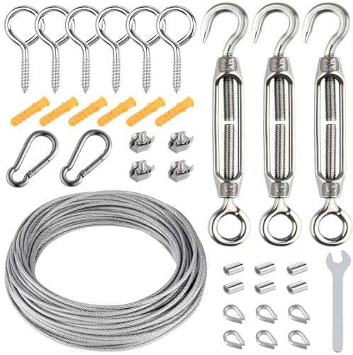 Bouiexye 15M 304 Stainless Steel Garden Wire Rope Kit M5 Turnbuckle Tensioner Cable Eye Bolts for Climbing Plants Supporting Vines