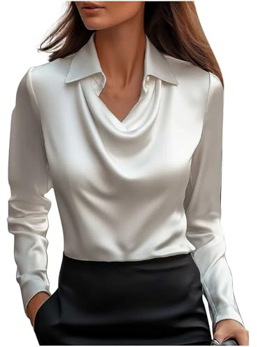 Women Satin Blouse Button Down Long Sleeve Satin Shirts Collar Blouses Casual Office Work Going Out Tops Ladies Loose Long Sleeve Work Tunic Party Tops
