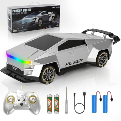 Remote Control Car/RC Truck – 2.4 GHz All-Terrain Cyber Vehicles with One-Touch Demo and Three Adjustable LED Light Effects, Off-Road Pick-Up Hobby Monster Truck Toys Gifts for Boys Aged 3+ (Silver)
