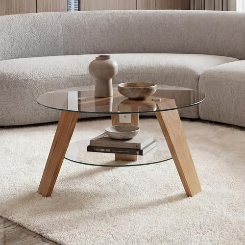 MCA Couchtisch HWC-P59, Beistelltisch Kaffeetisch Wohnzimmertisch, Massiv-Holz Glas rund Ø 75cm, Eiche