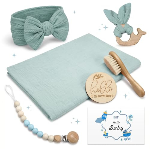 Babypresent Nyfödd 7-i-1, Babyset Nyfödd med Babyhandduk 75x90 cm, Bitring Trä, Babyborste & Napphållare, Present Till Nyfödd, Babyshower Present, Dopgåva Baby Flicka Pojke (Havsblå)