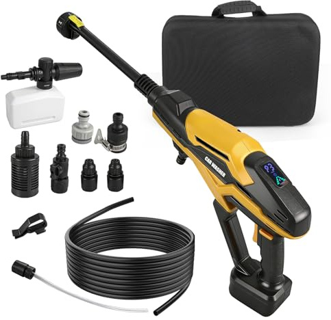 Batteridriven högtryckstvätt för Dewalt 18/20 V, förbättrad bärbar 68 bar högtryckstvätt med 3 justerbara nivåer, 6-i-1 spraymunstycke för bil, golv, bevattning (gul, för Dewalt)