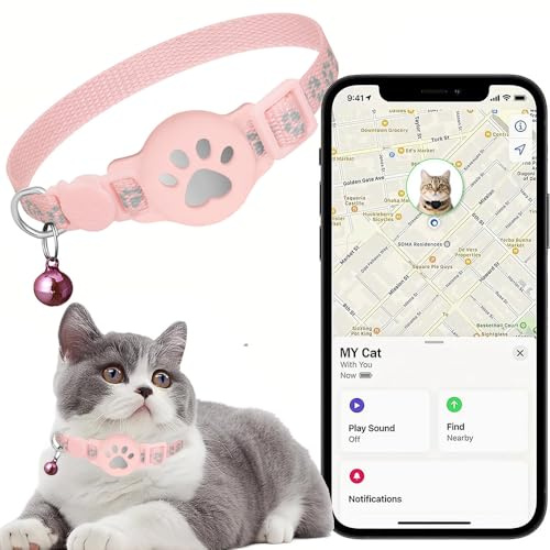 Collier GPS Chat, Traceur GPS Chat Tracker, sans Abonnement Mensuel, Pas de SIM, Compatible avec Apple Find My (iOS Uniquement) (Collier + pisteur Rose)