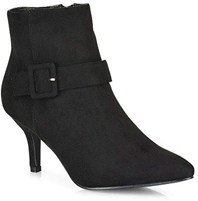 ESSEX GLAM Womens Low Mid Kitten Heel Ankle Boots Ladies Buckle Strap Pointed Toe Booties Shoes