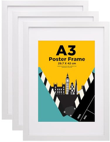 EGOFINE A3 Frames White Set of 3 - Wooden Picture Frames Matted for A4, A3 Photo Frames with Plexiglass Front for Wall Mounting, 29.7 X 42 cm Poster Frames for Portrait, Printing