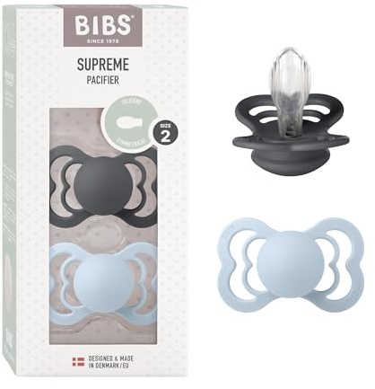 BIBS Supreme Dummies 2-Pack, BPA Free Dummy Pacifier, Silicone Symmetrical Nipple Soother, Size 2 (6-18 Months), Iron/Baby Blue