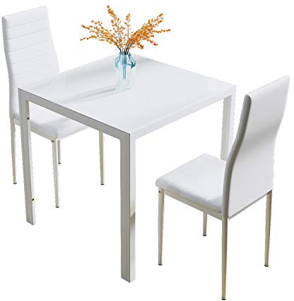 Jooli Glass Table and Chairs Set 2, 75cm Square Table with 2 Faux Leather High Back Chairs Modern Dining Room Sets for Home Kitchen Office, White(Green Desktop)
