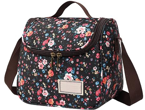 Nanxson Termica Pranzo Borsa Grande Termica Riutilizzabile Floreale Borsa per Ufficio,Lavoro,Scuola,Picnic,Spiaggia con Tracolla Regolabile (6L,D-Nero)