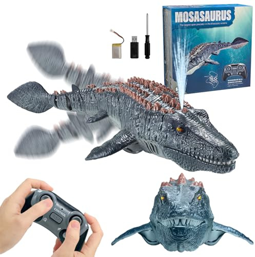 ALEENFOON 2.4GHz Barca Telecomandata Mosasaurus con Luce & Spray, Doppio Eliche RC Barca Telecomandata Dinosaur per Bambini, RC Squalo Motoscafo, Piscine e Laghi Giocattolo Spruzzare Acqua (grigio)