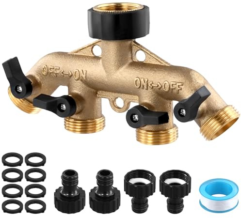 QWORK® 4-Way Tap Splitter, G3/4 Brass Tap Splitter, Garden Hose Splitter with Individual Control Valves